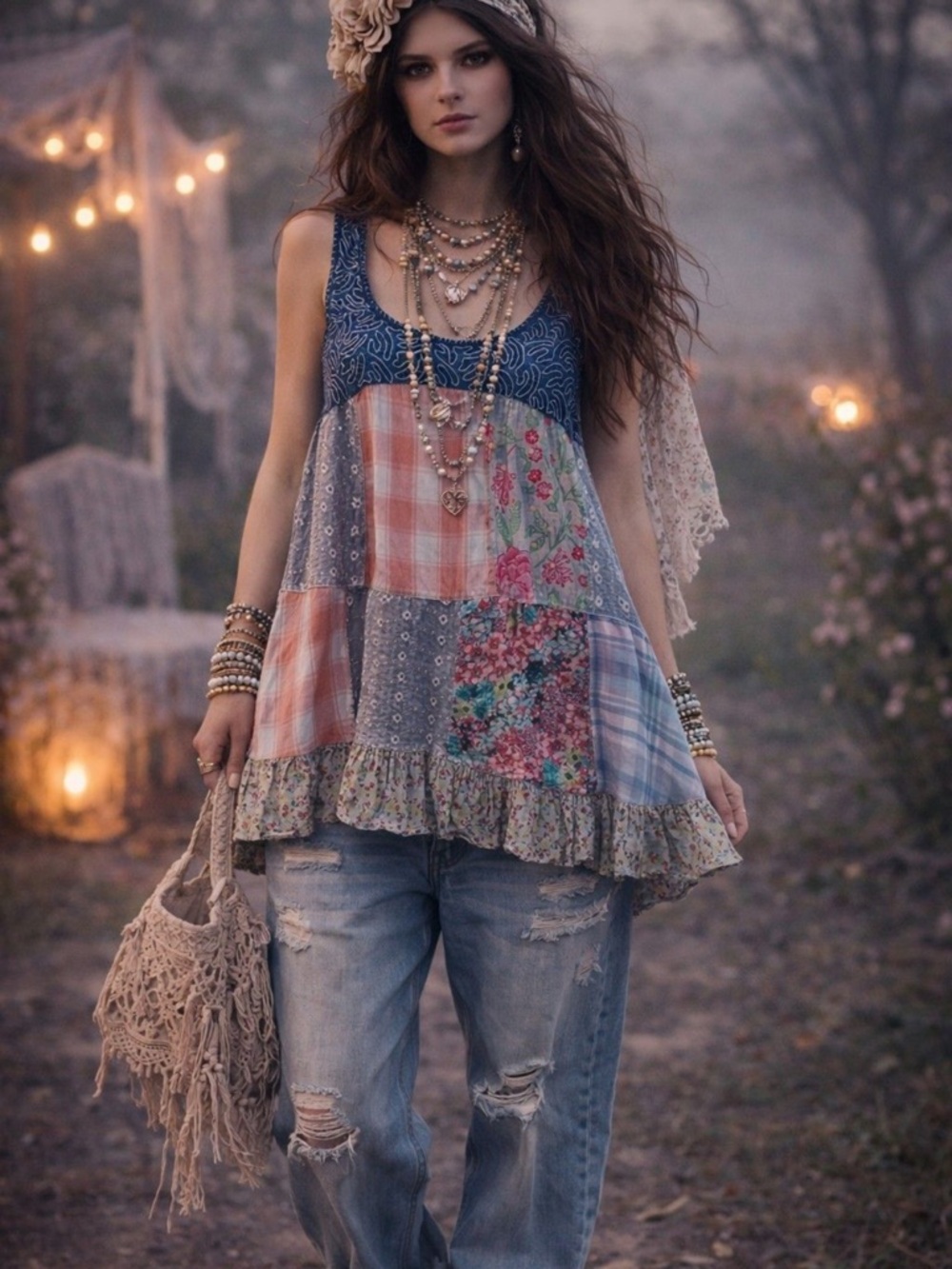 Boho Patchwork Ruffle-Hem Tank Top in Blue and Multicolor
